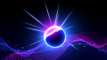 Obraz premium Abstract glowing sphere surrounded by radiating light beams, merging with digital fluid waves and particles in blue and purple