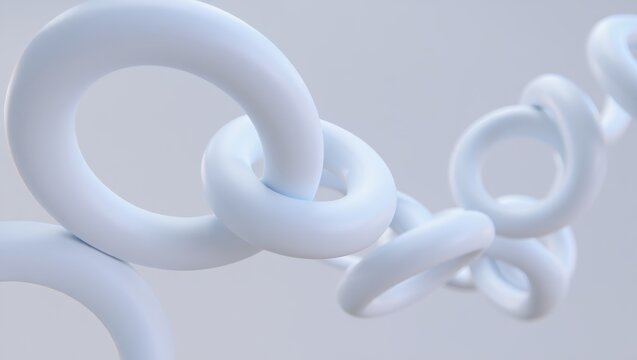 Minimalist abstract chain of interconnected 3d rings forming a soft blue and white background pattern