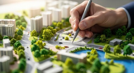 Fototapeta premium Architects hand sketching city model concept of urban planning and design