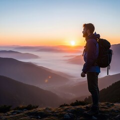 Fototapeta premium A lone hiker watching the sunrise over a misty valley solitude