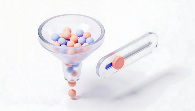 3d glassmorphism data filtering funnel with slider analytics query selection and dataset processing concept isolated on white background