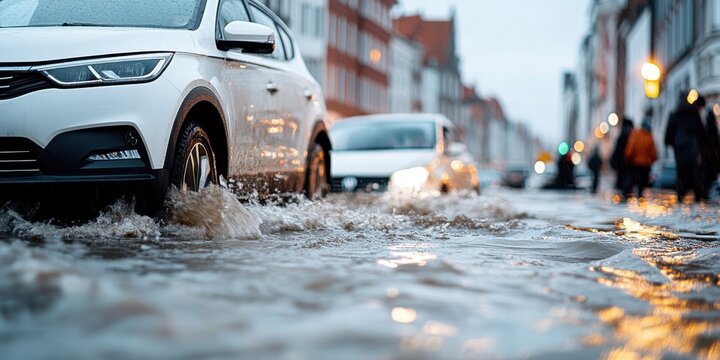 Flood waters engulf city streets as vehicles battle torrential rains