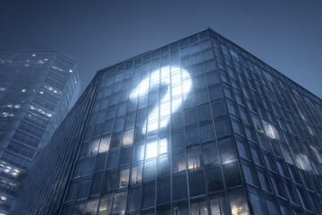 Fototapeta premium A modern glass facade office building with a question mark icon