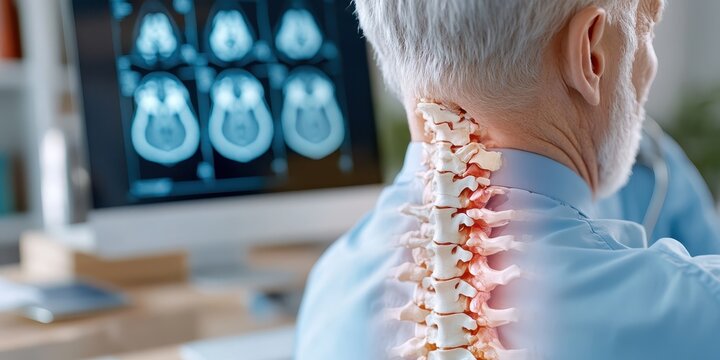 Doctor reviews lumbar MRI showing pinched discs and herniation
