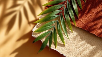 Warm brown and beige backdrop with tropical leaf silhouettes