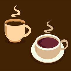 Obraz premium Vector illustration of two cups of coffee on a brown coffee background for cafes, advertising, social networks, banners