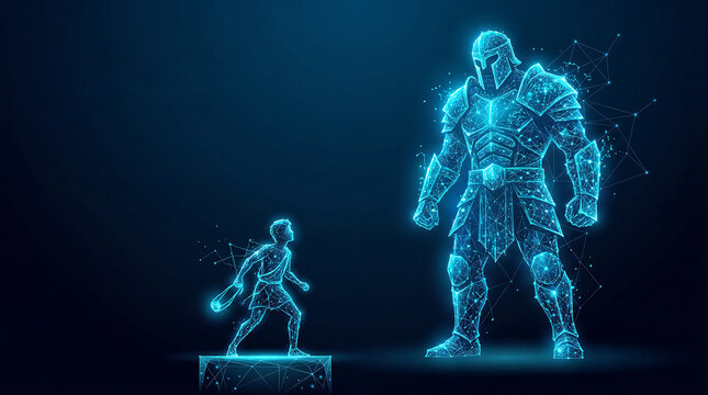 Digital David vs Goliath Concept with Glowing Wireframe Technology Network on Dark Blue Background