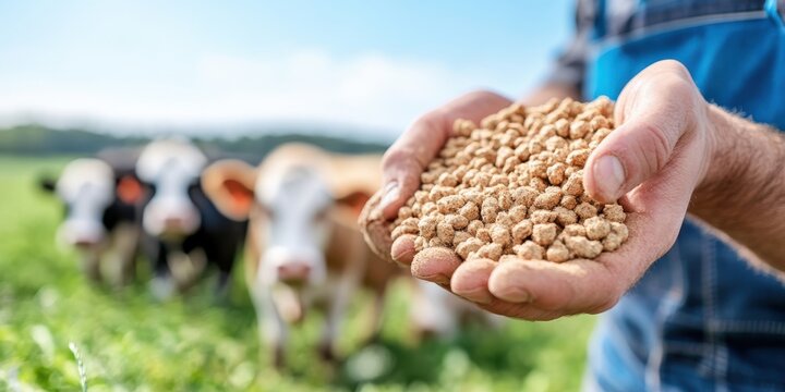 Farmers feeding cows on livestock ranches in sunny pastures