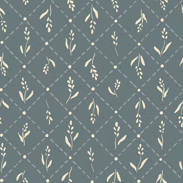 Delicate wildflower seamless pattern with hand-drawn wheat, barley in diamond lattice on slate blue background. Rustic cottagecore design with organic sprigs, dotted trellis for farmhouse textiles