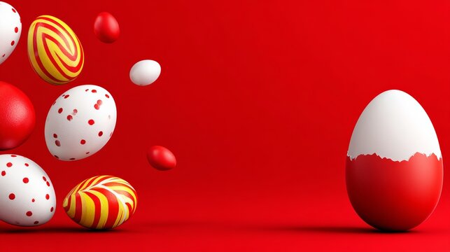 Colorful Easter eggs in various designs scattered against a vibrant red background, with a large red and white egg positioned on the right side, creating ample copy space on the left