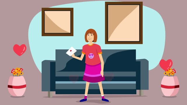 Animated cartoon style vector video of a girl with a letter in her hand in a room with rising hearts, 2D, art, family.