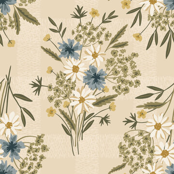 Romantic meadow wildflowers vector seamless pattern with rustic charm. Hand drawn chamomile, bachelor buttons, foliage, Queen Anne's lace flowers for cottagecore floral design, farmstead textiles