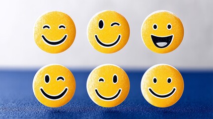 Fototapeta premium Illustration of six smiley icons featuring various facial expressions on a blue background, showcasing a range of emotions with vibrant yellow colors and clear outlines for each icon