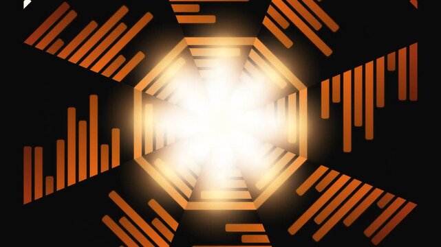 Abstract glowing octagonal core with radiating orange digital sound wave patterns on a dark background.