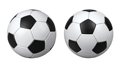 Fototapeta premium Two perfectly rendered classic black and white soccer balls shown side by side representing sport and competition&nbsp;