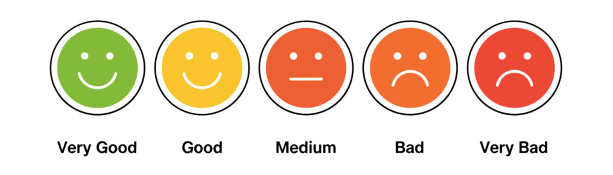 Customer satisfaction feedback rating scale with smiley emoji icons, survey review evaluation vector set isolated on transparent background