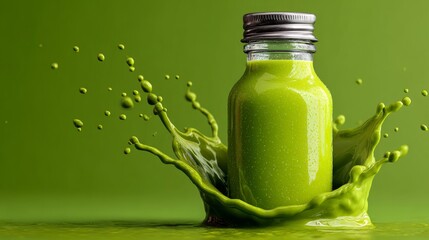 Bottle filled with vibrant green matcha liquid surrounded by a splash, captured in ultra-photorealistic style with vast empty copy space on the left side for text or graphics