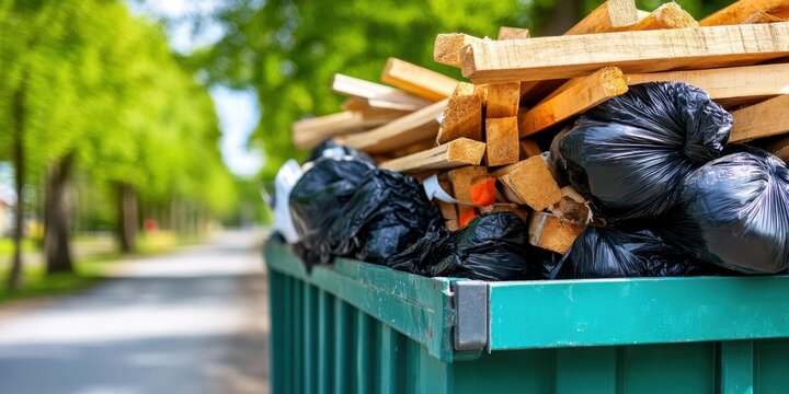 Green industrial dumpster brimming with construction debris on a sunny day