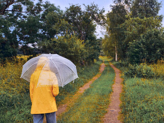 A person is walking in the rain with a clear umbrella. The sky is cloudy and the sun is shining through the clouds. Scene is somewhat melancholic, as the person is walking alone in the summer rain