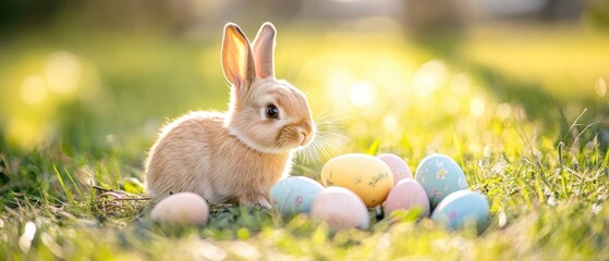 Fototapeta premium Cute bunny surrounded by colorful Easter eggs in a sunny field