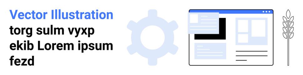 Technology, web development, agriculture, innovation, digital tools, user interface. Gear icon, browser window and wheat stalk symbol. Technology and agriculture concept for mixed innovation © robu_s