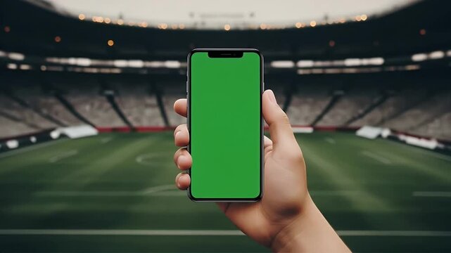 Person holding a modern smartphone with a vibrant green screen mockup directly in front of a large empty sports stadium pitch suggesting mobile application development for gaming or ticketing.
