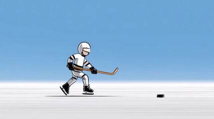 Obraz premium Stickman ice hockey player cartoon illustration skating on an ice rink, holding a hockey stick, with a puck positioned on the ice and a clear blue sky in the background