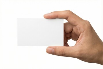 Hand holding a blank white business card against a white background