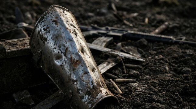 Damaged Steel Greave Fragment Amidst War Debris