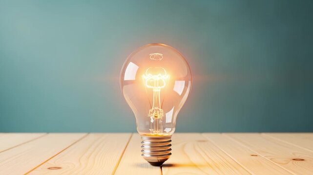 Brightly lit incandescent light bulb glowing with energy and radiating light rays on a wooden surface against a teal background, symbolizing a great idea or innovation.