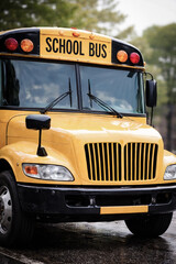 Front view of a classic yellow school bus on a road, featuring its signature black grille and safety lights. Ideal for education and safety concepts.