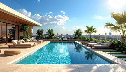 Fototapeta premium Luxury Swimming Pool Surrounded By Lush Greenery And City Skyline Under Bright Blue Sky