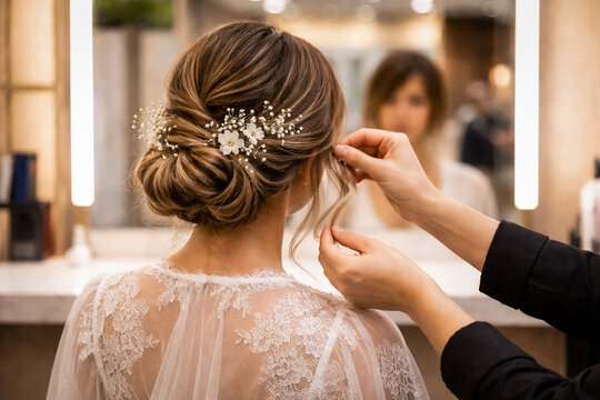 Stylized bridal updo with white flowers being adjusted by a hairstylist in a salon. White floral hair accessories. Wedding lifestyle design element.