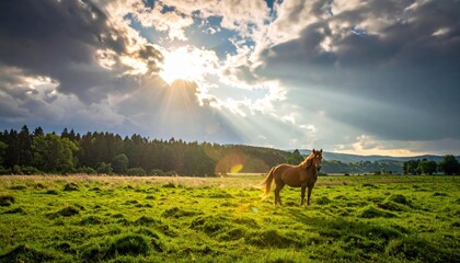 Majestic Horse Standing in Lush Green Meadow Under Dramatic Cloudy Sky with Sunbeams Breaking Through