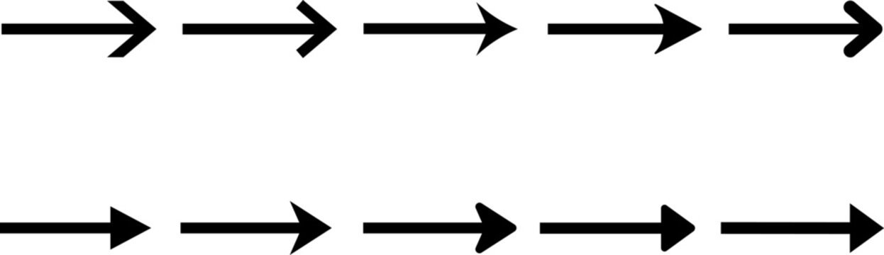 Black arrow set with different heads, straight line pointers for web and apps.