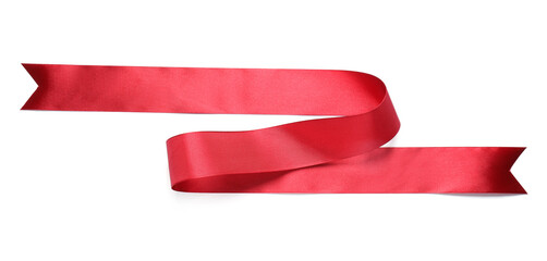 Beautiful red ribbon isolated on white, top view. Banner design