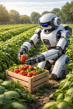 Autonomous agricultural robot harvesting fresh vegetables on an organic farm, showcasing future farming technology, precision agriculture, sustainability, and innovation in soft natural daylight.