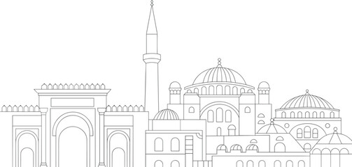 Islamic mosque architecture skyline vector illustration, minaret dome Arabic city landmark religious building outline design cultural heritage collection artwork © Atik's World
