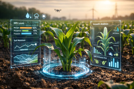 AI-powered plant analysis in modern farmland, crops monitored with holographic data visualization, smart agriculture technology, sustainable farming, realistic lighting, professional stock photo