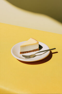 Cheesecake slice yellow background minimal