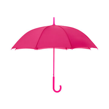 A cheerful, bright pink umbrella is open and isolated against a clean white background, showcasing its protective design and vivid color.