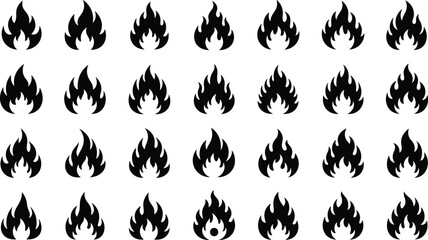 Flame icon set, stylized fire silhouettes, symmetrical designs, inner and outer contours, abstract variations - flat vector illustration