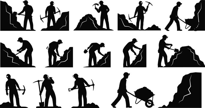Miner silhouette sequence, pickaxe, shovel, wheelbarrow, rock face excavation, labor process stages - flat vector illustration