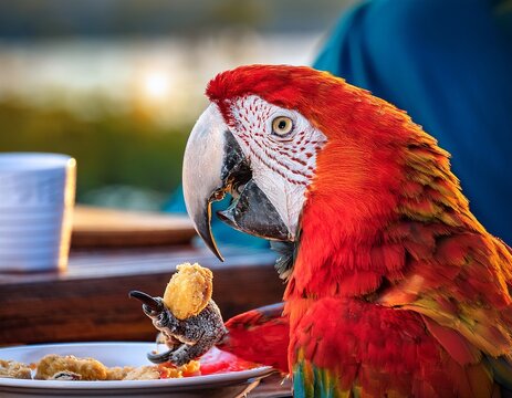 vibrant macaw parrot enjoying a meal at a caf