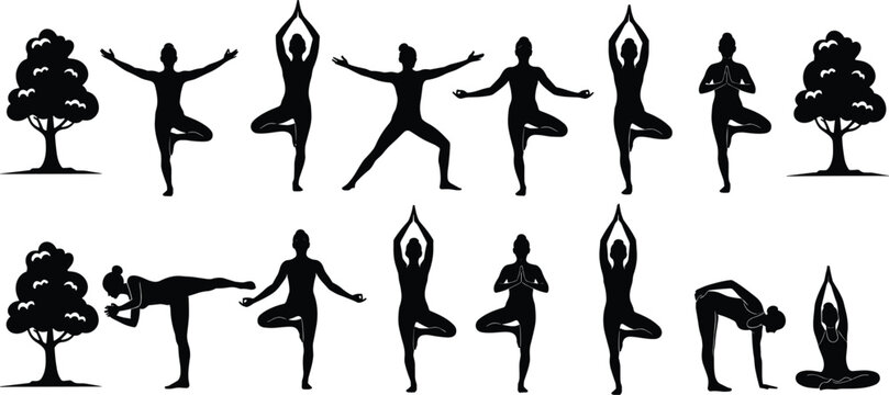 Yoga silhouette set, tree pose, warrior stance, meditation, nature theme with trees, mindfulness balance - flat vector illustration