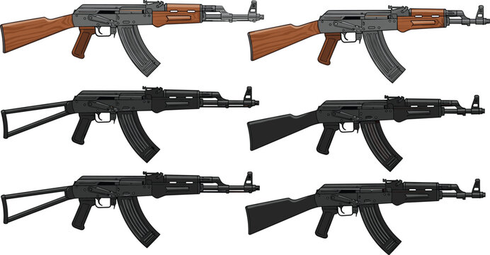 AK 47 assault rifle collection isolated on white background detailed flat vector illustration military weapon set design