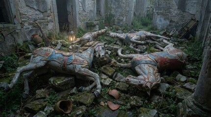 Obraz premium Fallen Wooden War Horses in Ancient Ruins