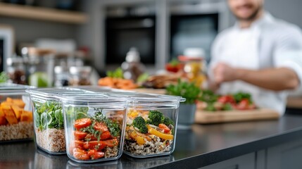 Obraz premium Organized meal prep with vibrant glass containers in a modern kitchen