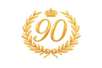 Golden 90 number celebrating anniversary with crown and laurel wreath
