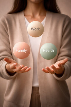 Woman juggling three spheres labeled Work, Family, and Health over open hands, symbolizing the delicate balance of life's core priorities and personal well-being